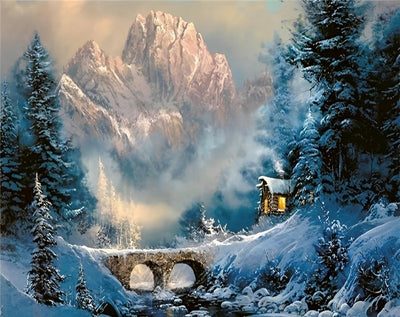 Snow Covered Chalet and Bridge Diamond Painting