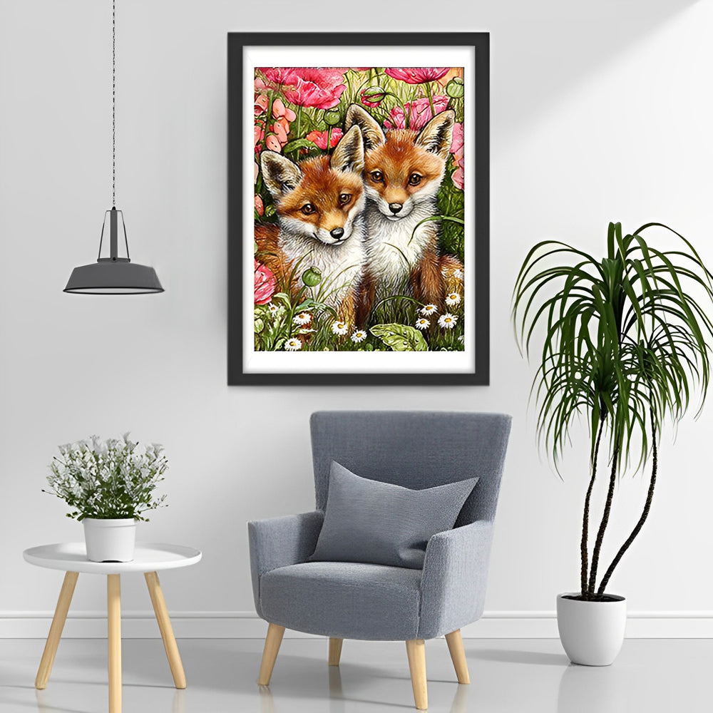 Fox and the Pink and White Flowers Diamond Painting