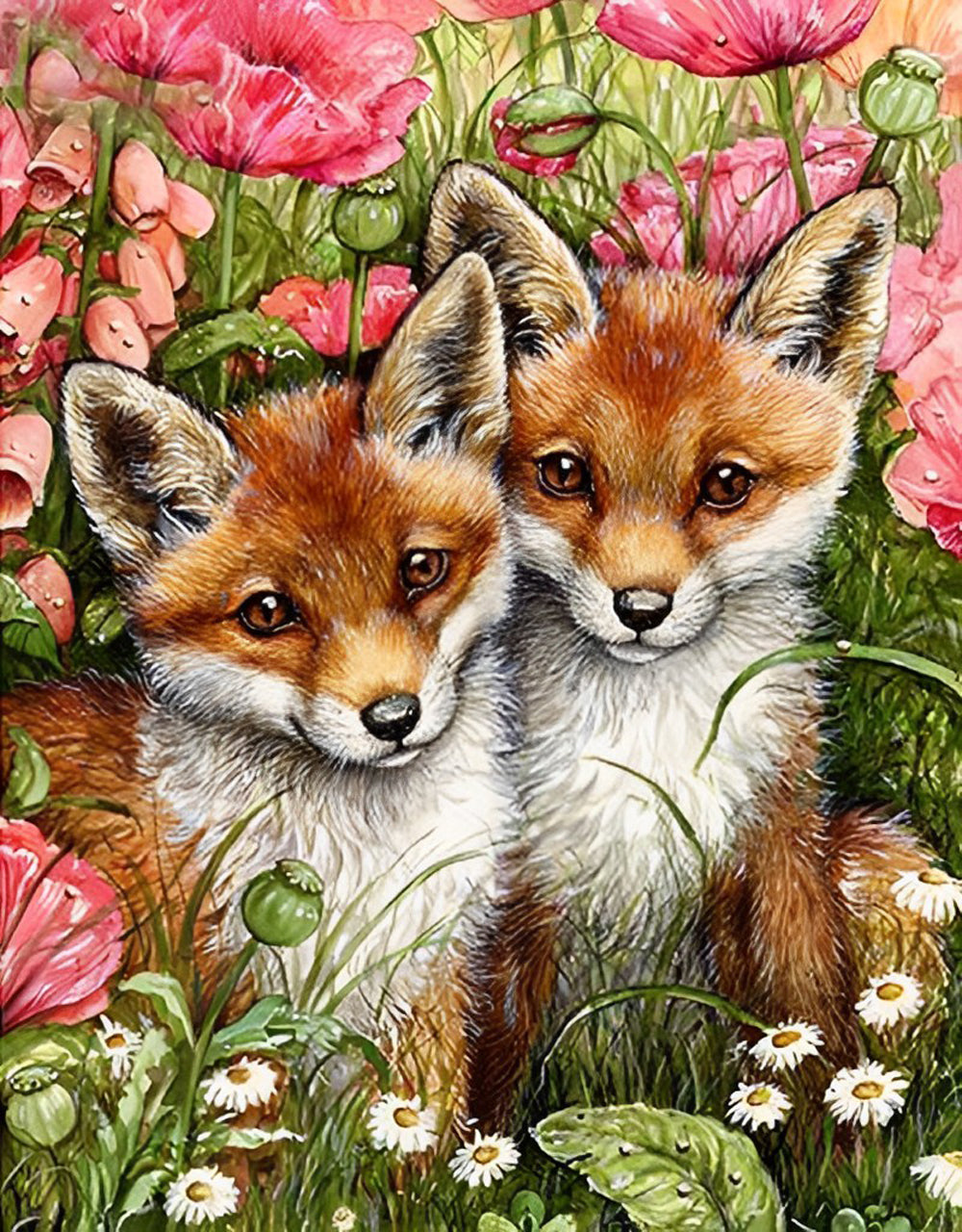 Fox and the Pink and White Flowers Diamond Painting