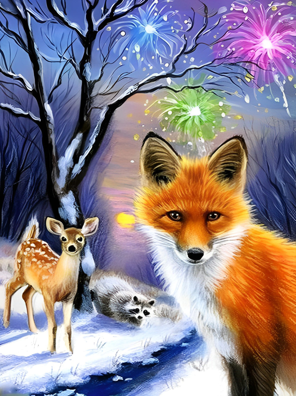 Fox, Fawn and Racoon Diamond Painting