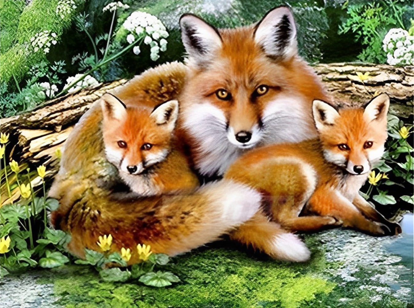 Mother Fox and Her Two Babies Diamond Painting