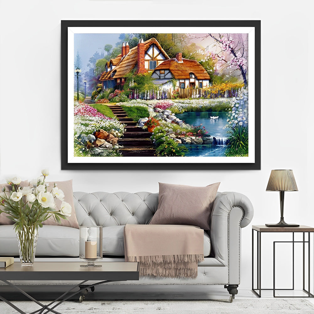 Cottage with swan Diamond Painting