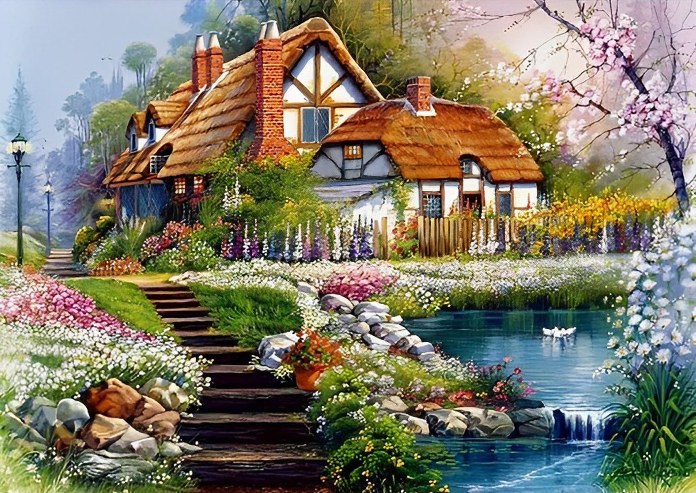 Cottage with swan Diamond Painting