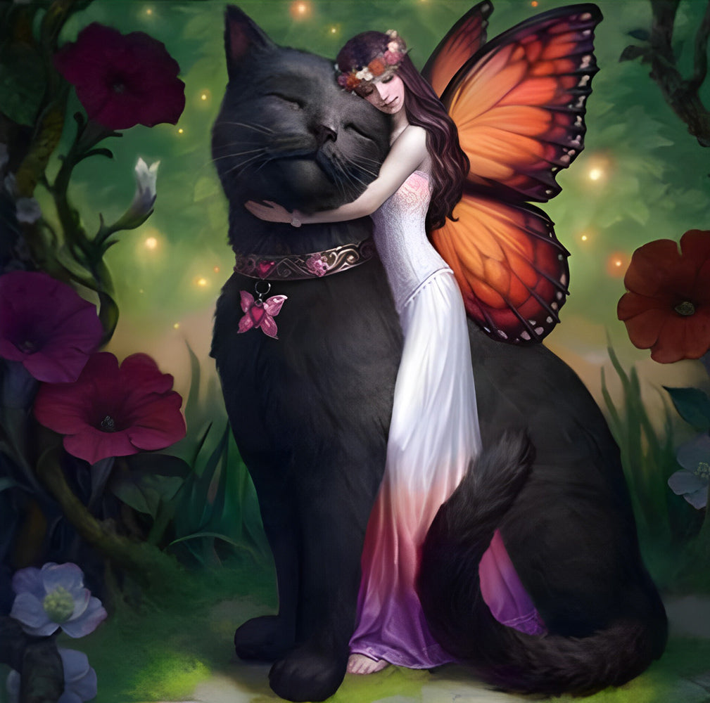 Butterfly Fairy and Big Black Cat Diamond Painting