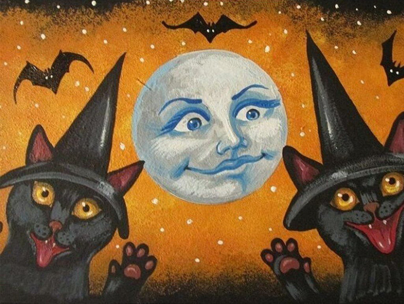 Two Black Cats and the Moon with Human Face Diamond Painting