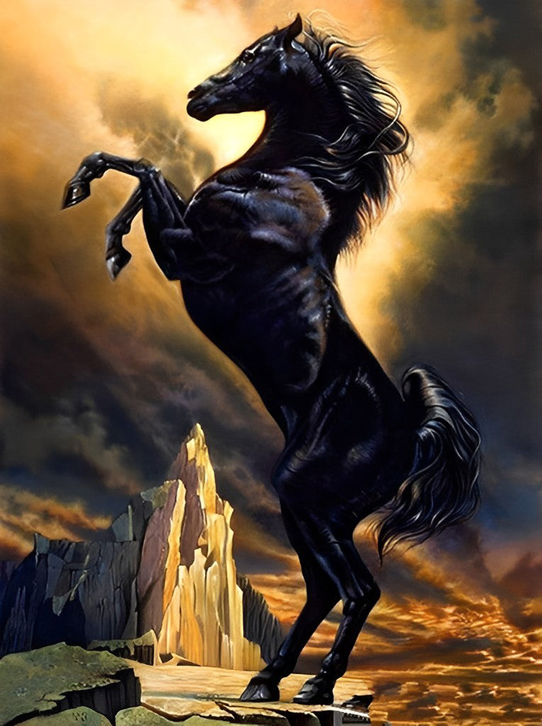 Standing Black Horse and Mountains Diamond Painting