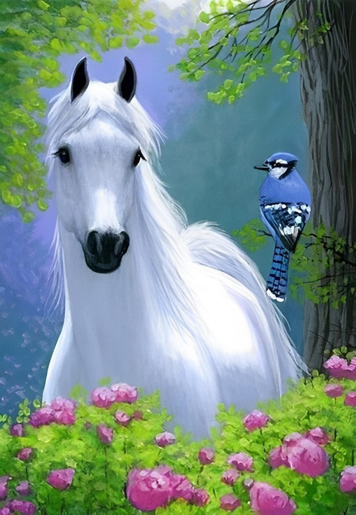 White Horse and Blue Bird Diamond Painting