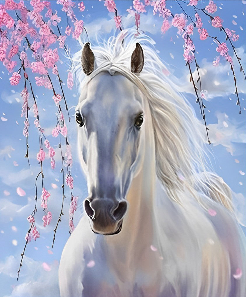 White Horse and Pink Flowers Diamond Painting