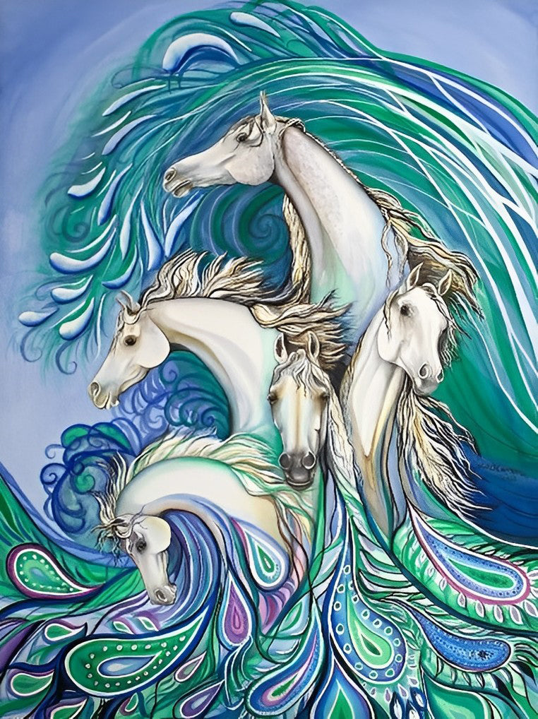 White Horses with Peacock Feathers Diamond Painting