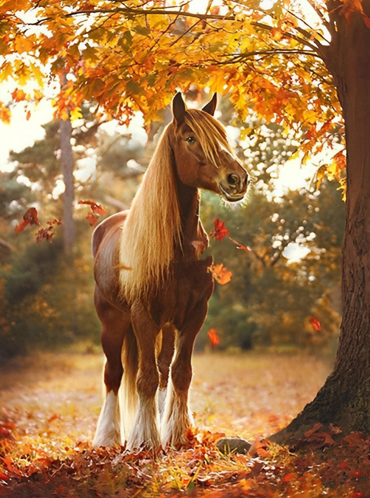 Beautiful Horse and Autumn Leaves Diamond Painting