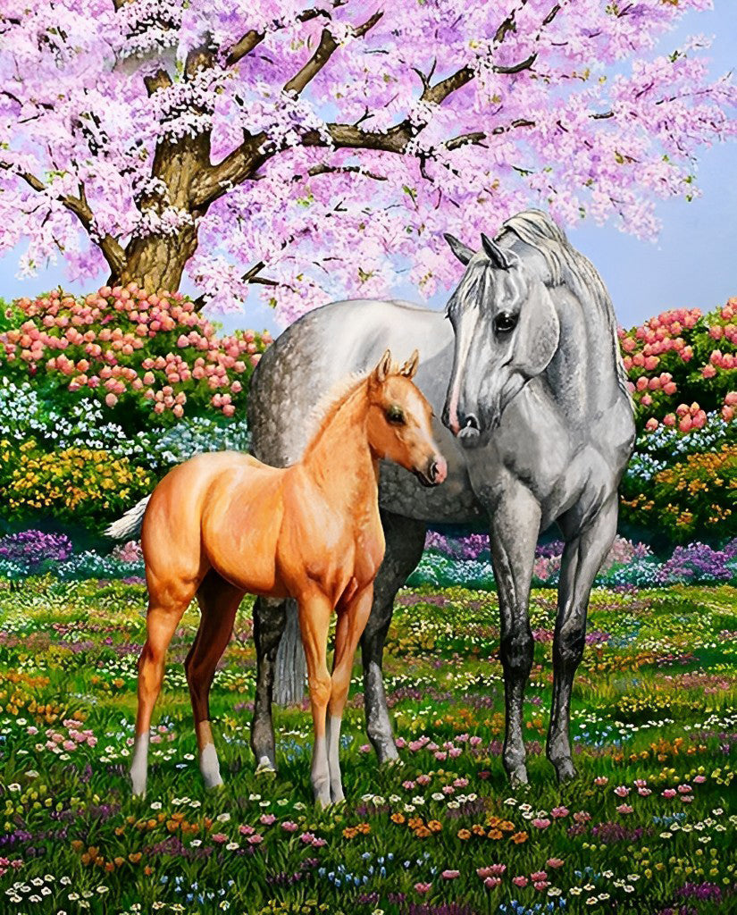 White Horse and Orange Horse with Flowers Diamond Painting