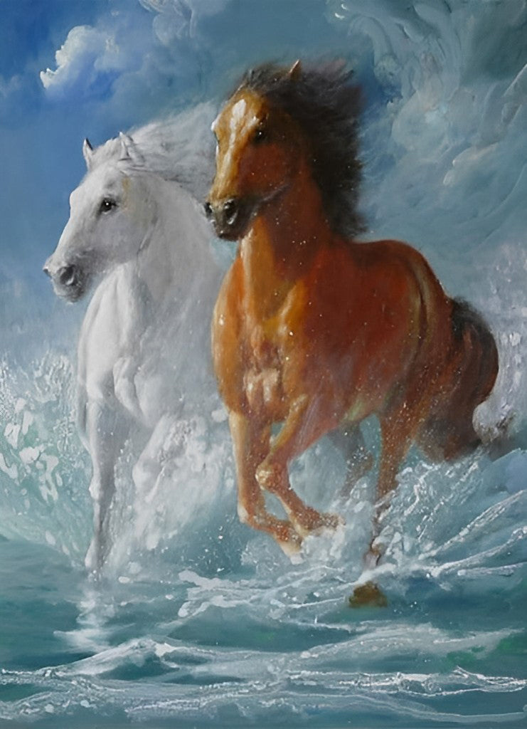 White Horse and Brown Horse with the Sea Diamond Painting