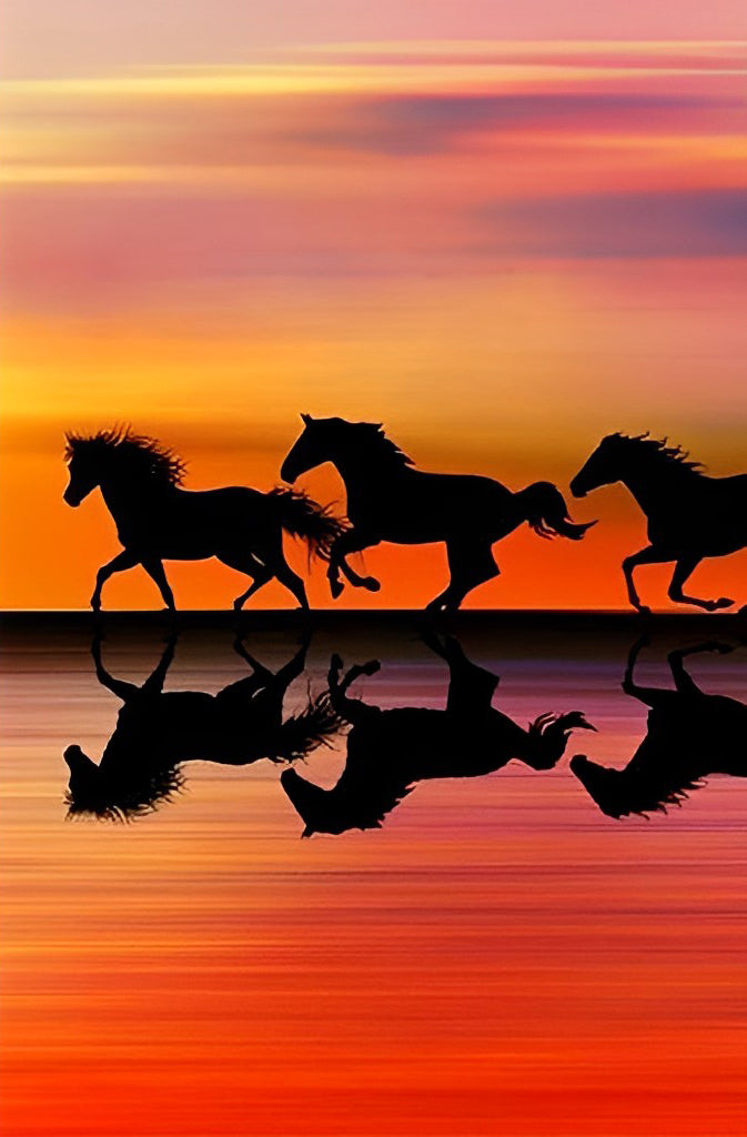 Horses Running Under the Red Sky Diamond Painting