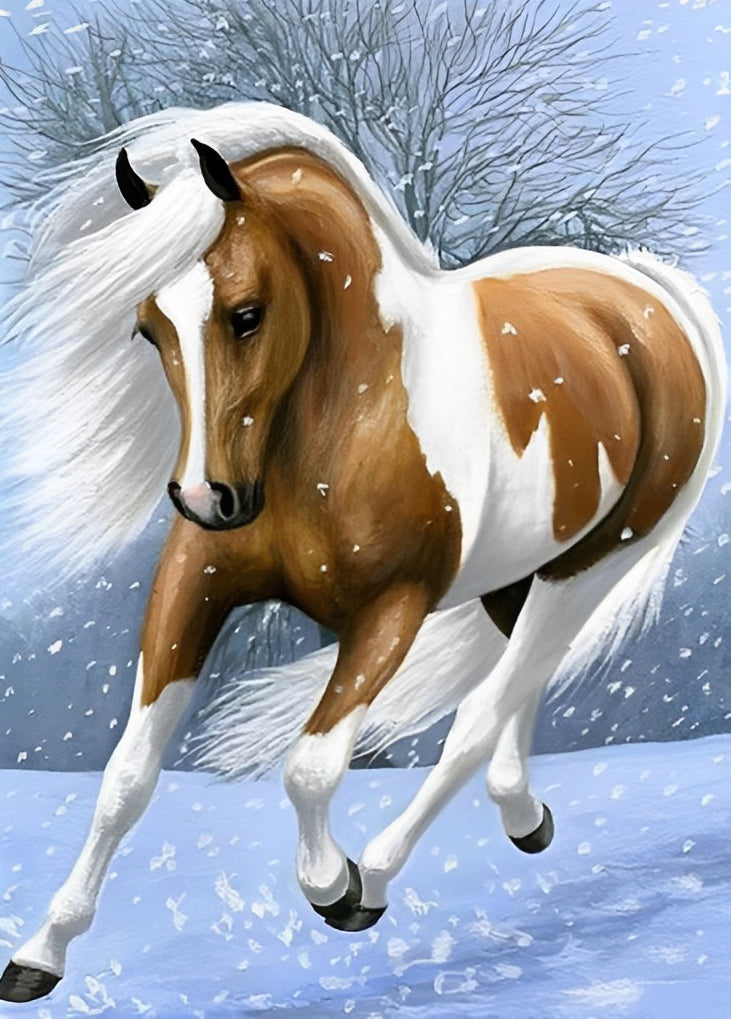 Horse with Long White Mane in the Snow Diamond Painting