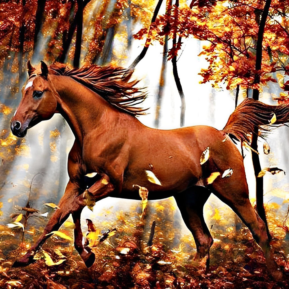 Brown Horse and Autumn Leaves Diamond Painting