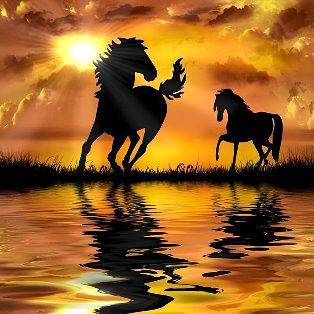 Horses Running under the Setting Sun Diamond Painting