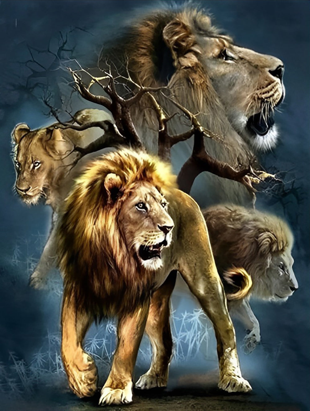 Four Lions and a Dead Tree Diamond Painting