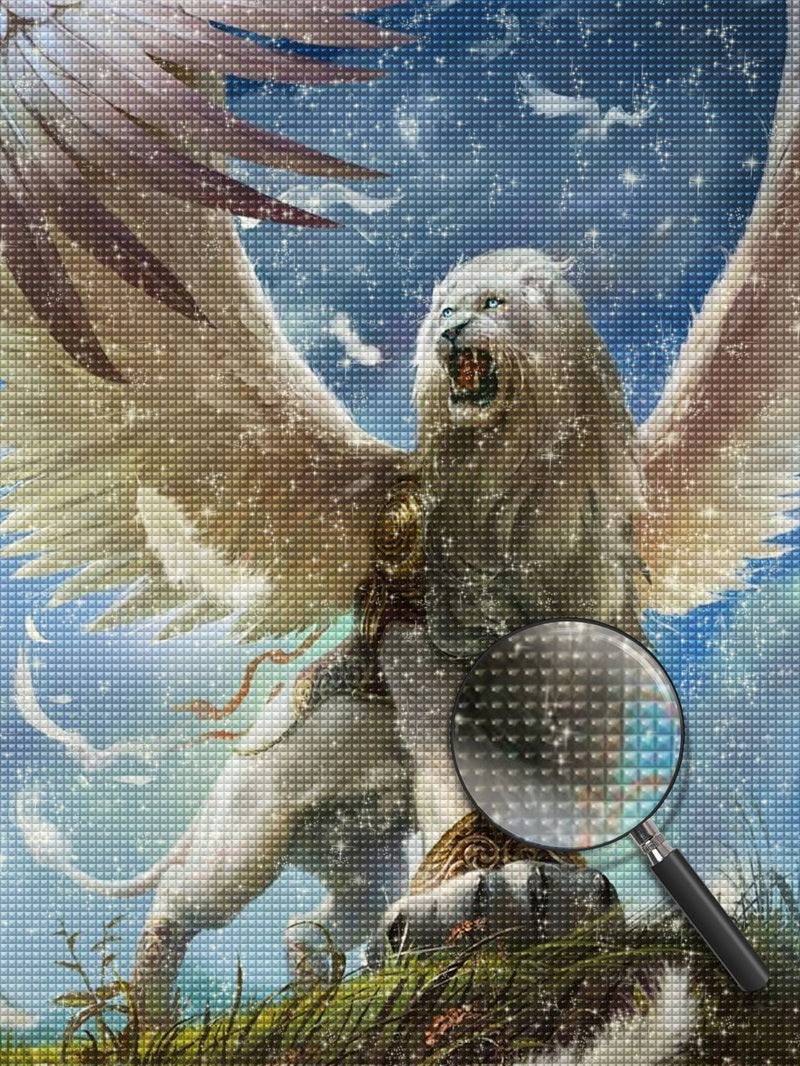 Roaring White Lion with Wings Diamond Painting