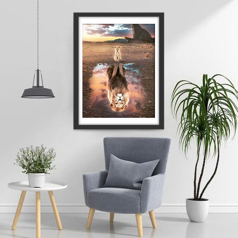 Lion Cub and Lion in the Reflection Diamond Painting