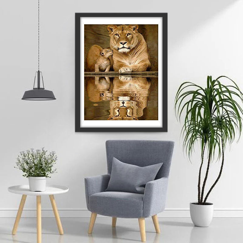 Lioness and Lion Cub and Her Reflections in the Water Diamond Painting