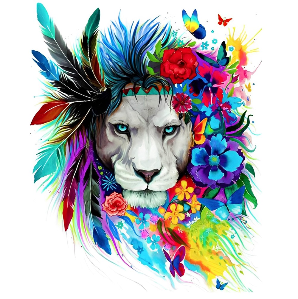 Lion, Flowers and Feathers Diamond Painting