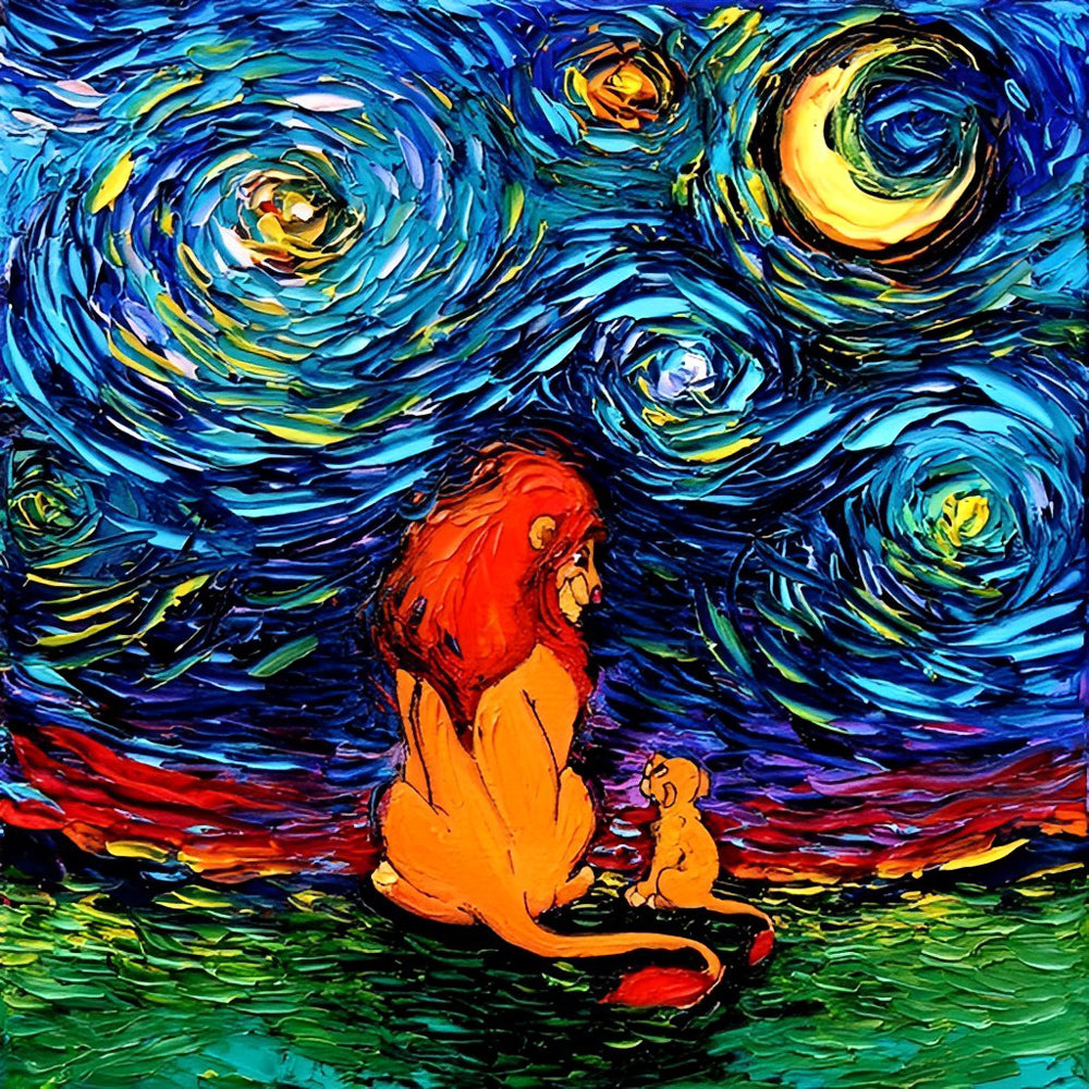 Lion and his Lion Cub in the Starry Night Diamond Painting