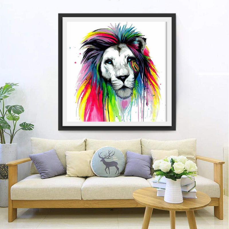 Black and White Lion with Multicolored Mane Diamond Painting