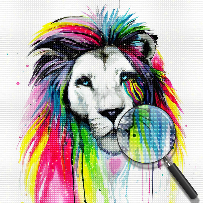 Black and White Lion with Multicolored Mane Diamond Painting