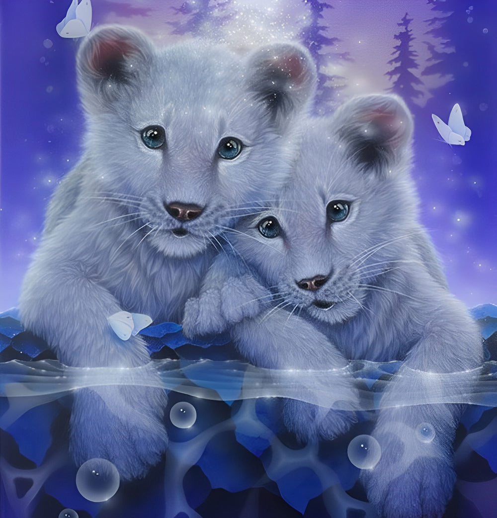 Two White Lion Cubs in the Water Diamond Painting