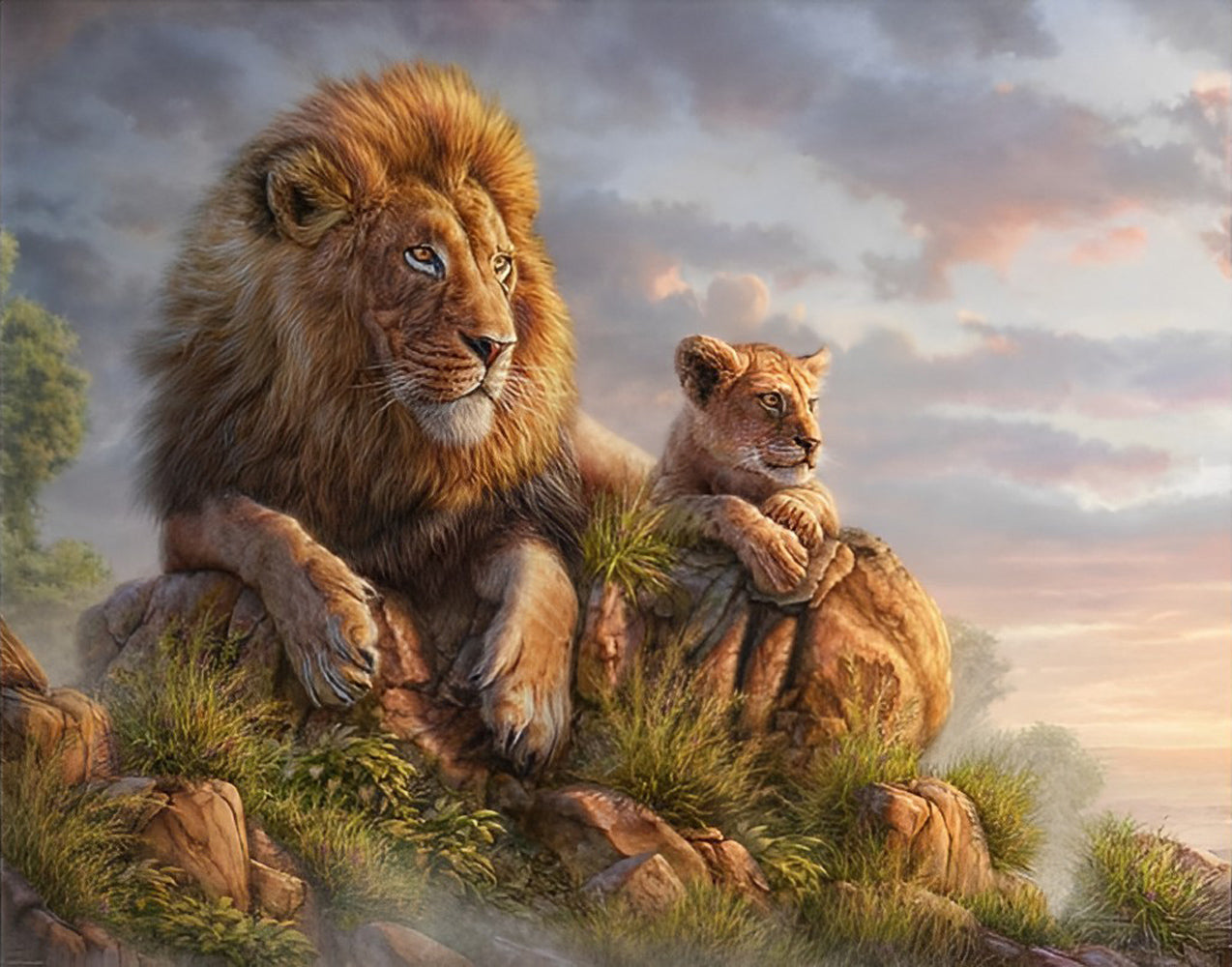 Lion and His Lion Cub in the Mountains Diamond Painting