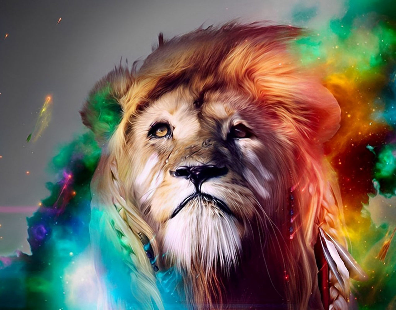 Lion Leaping to the Sky with Multicolored Mane Diamond Painting