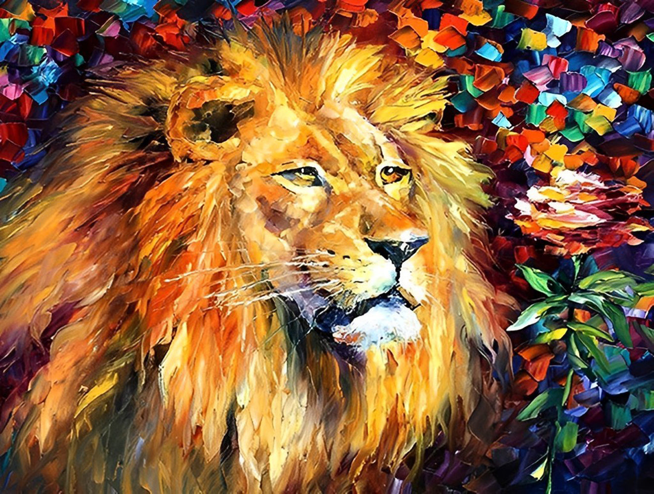 Lion with Multicolored Flowers Diamond Painting