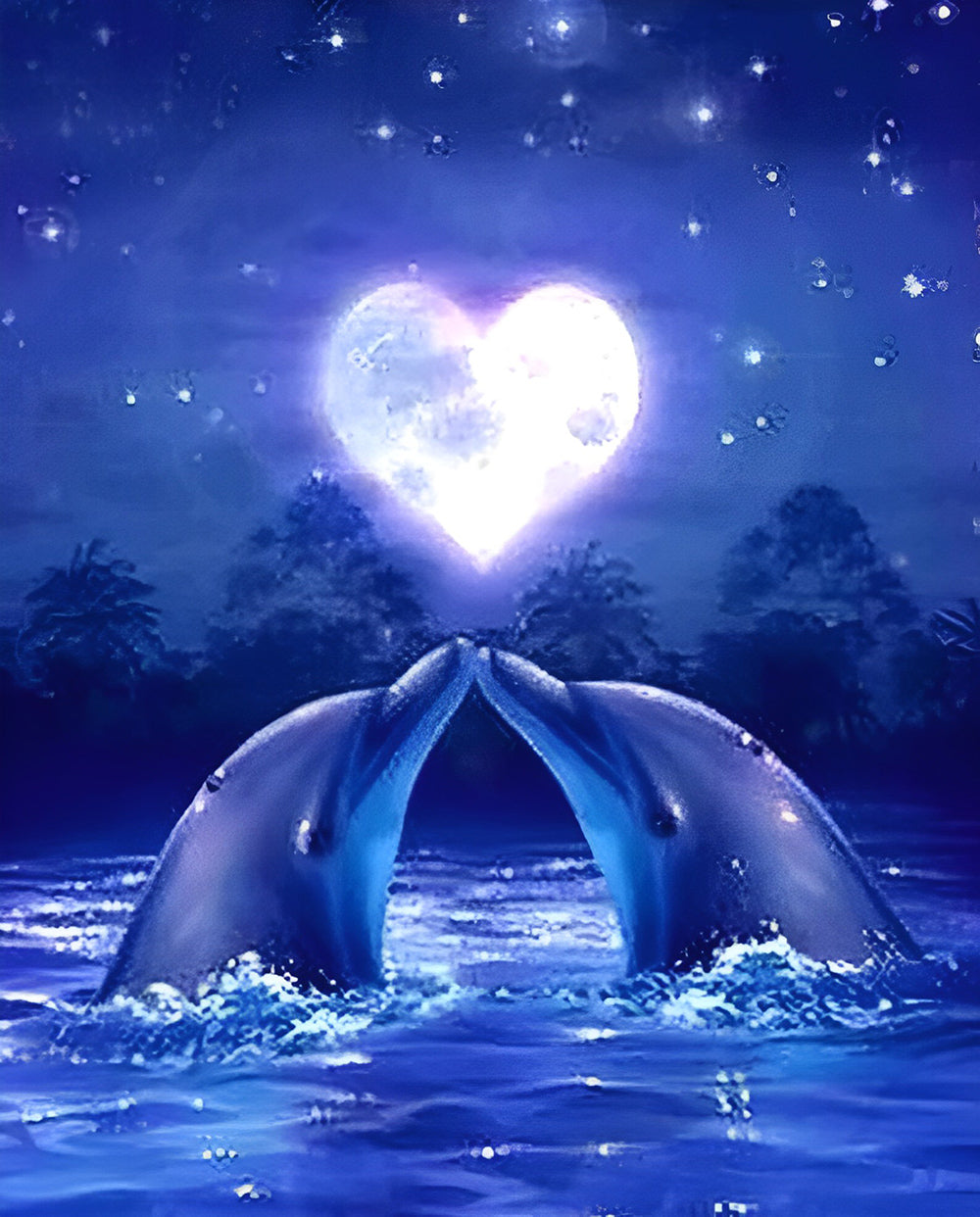 Couple of Dolphins and the Moon in the Shape of a Heart Diamond Painting