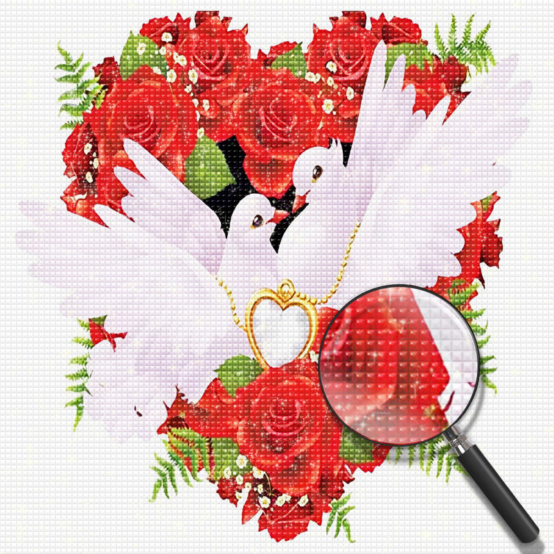 Doves Couple with a Wreath of Red Roses 5D DIY Diamond Painting Kits