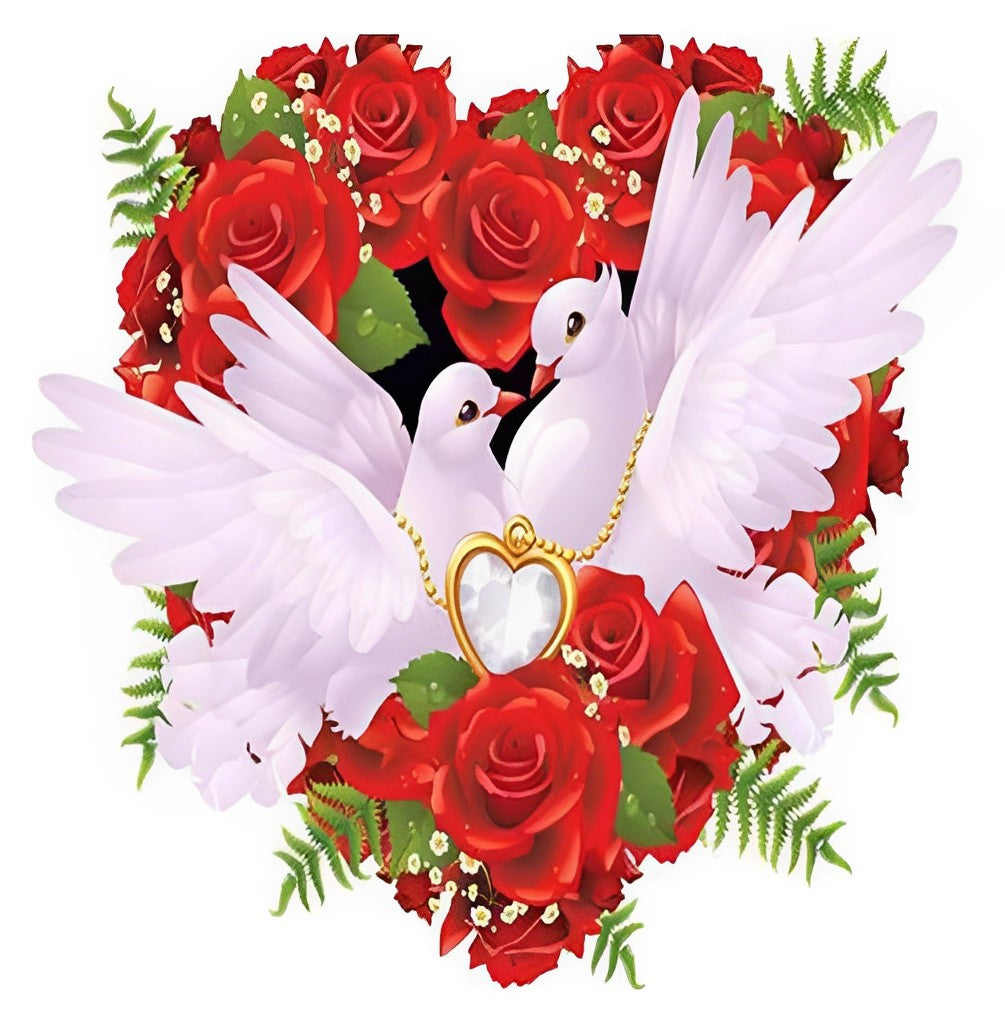 Doves Couple with a Wreath of Red Roses Diamond Painting