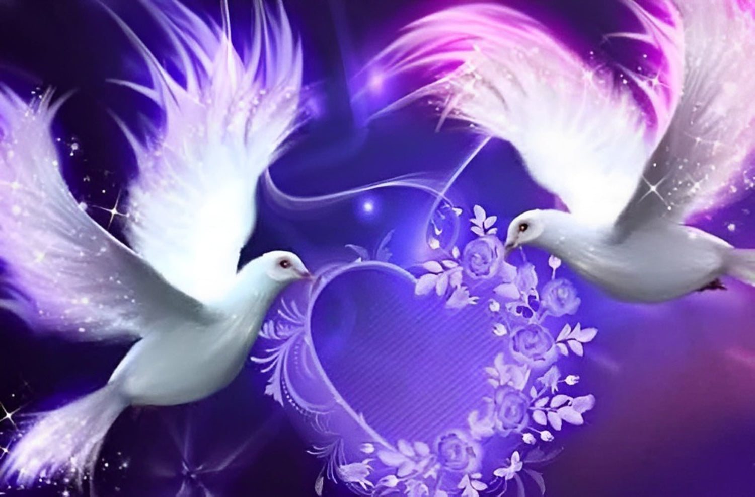 Two White Pigeons and Heart of Purple Flowers Diamond Painting