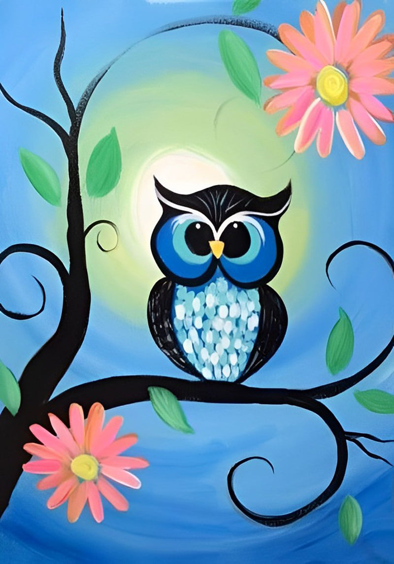 Black and Blue Owl with Pink Flowers Diamond Painting