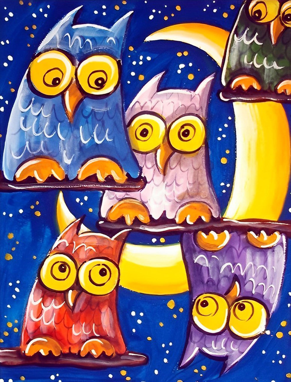 Five Abstract Owls and the Moon Diamond Painting