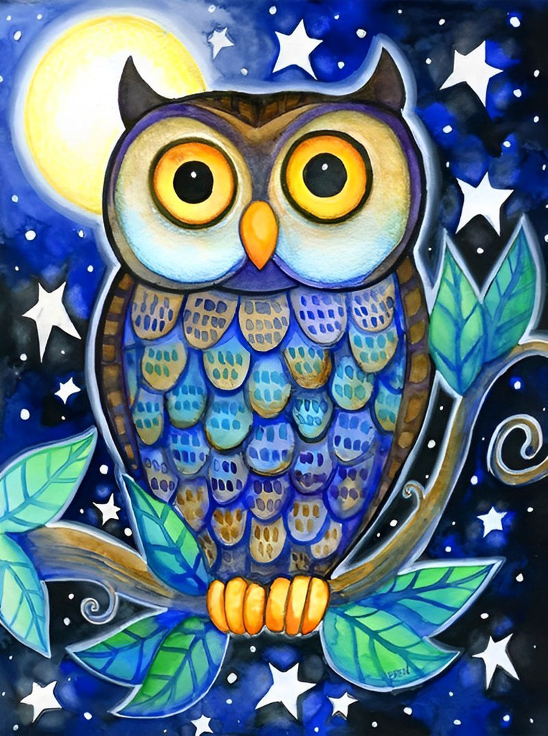 Blue Owl and Moon Diamond Painting