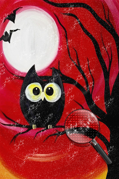 Cartoon Black Owl on a Dead Tree Diamond Painting