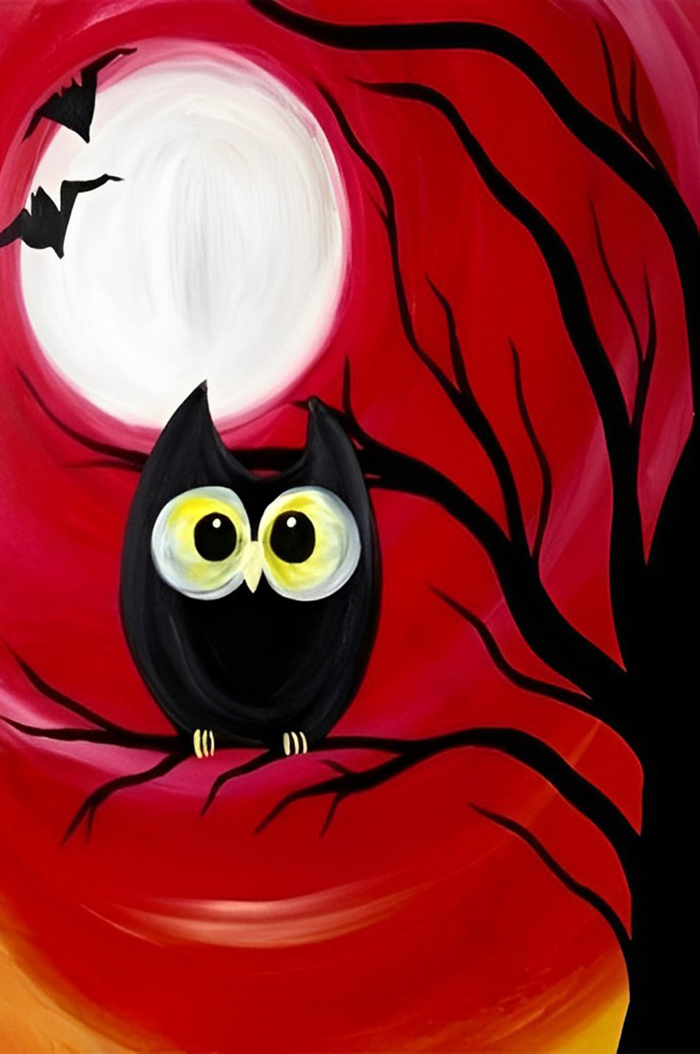 Cartoon Black Owl on a Dead Tree Diamond Painting
