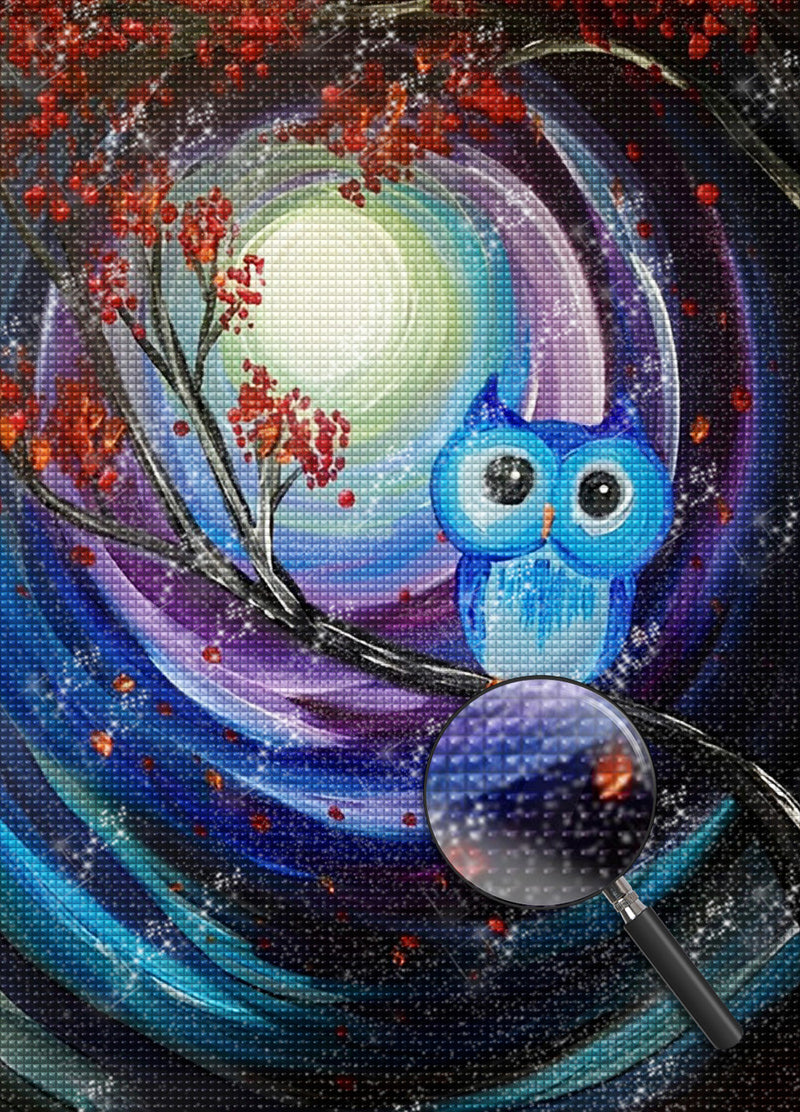 Blue Owl and Red Flowers Diamond Painting