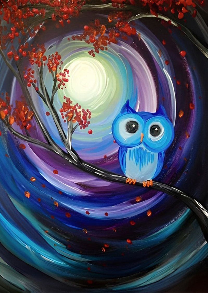 Blue Owl and Red Flowers Diamond Painting