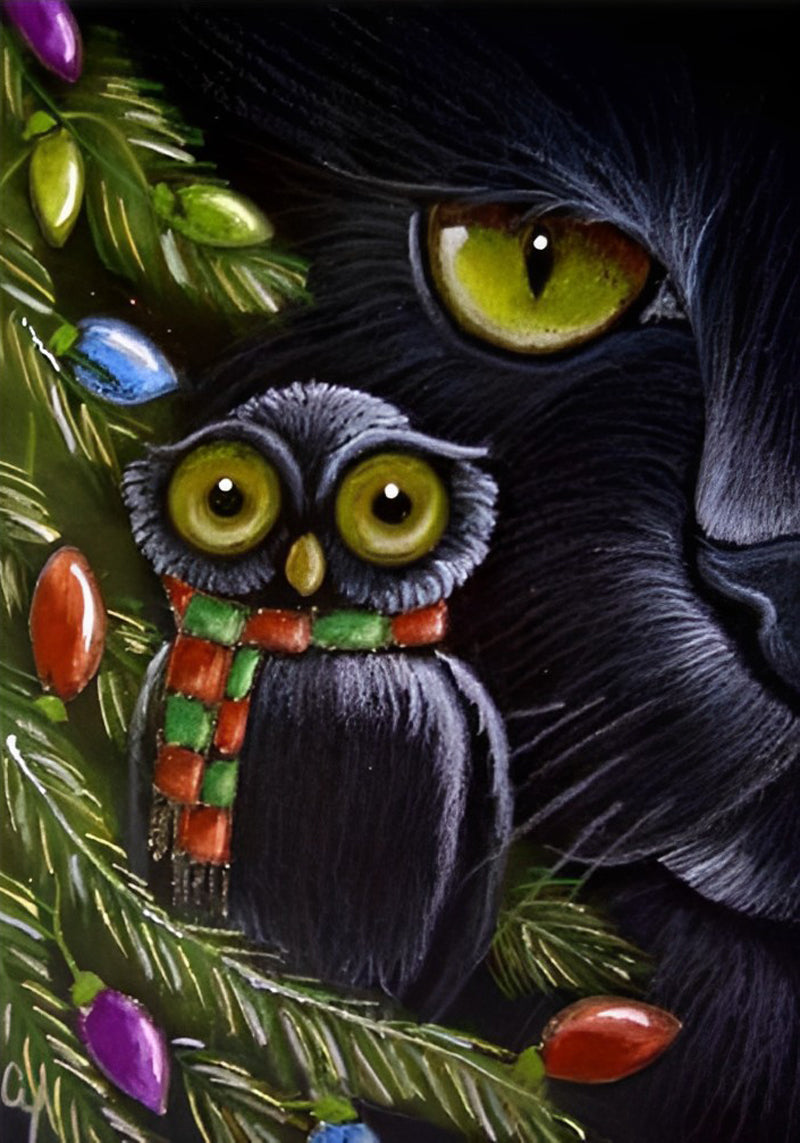 Foolish Black Owl and Black Cat Diamond Painting