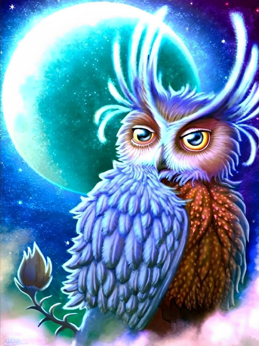 Blue and Red Owl with Moon Diamond Painting