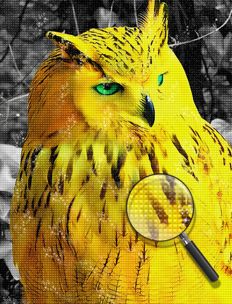 Yellow Owl with Green Eyes Diamond Painting