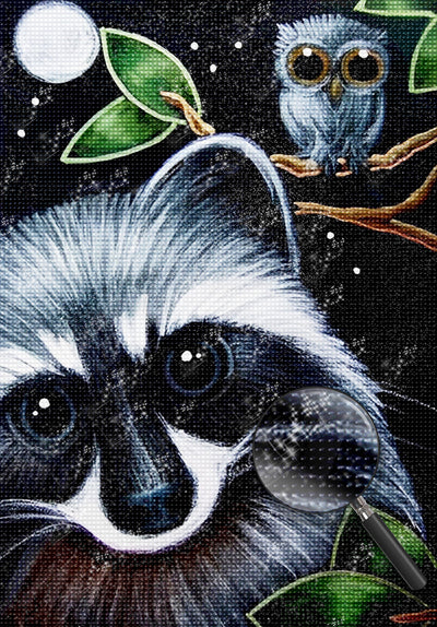 Owl and Gray Raccoon Diamond Painting