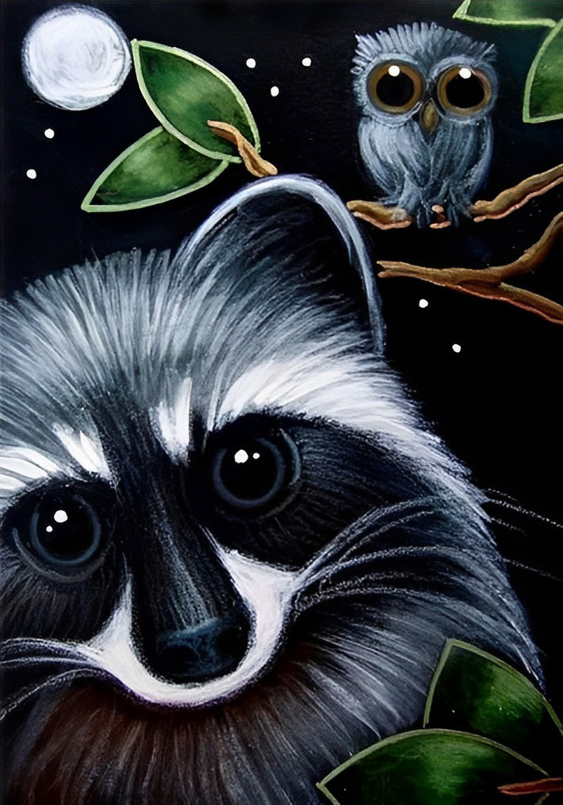 Owl and Gray Raccoon Diamond Painting