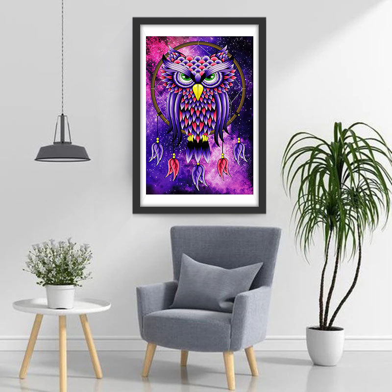Purple and Red Owl on Dreamcatcher Diamond Painting
