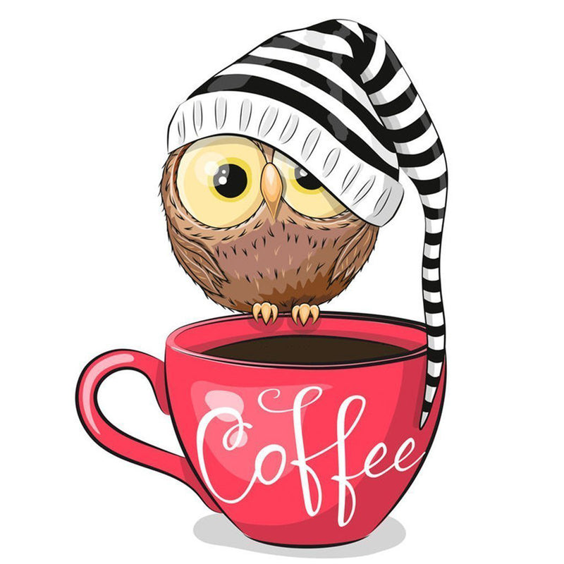 Owl in Black and White Striped Hat and Coffee 5D DIY Diamond Painting Kits
